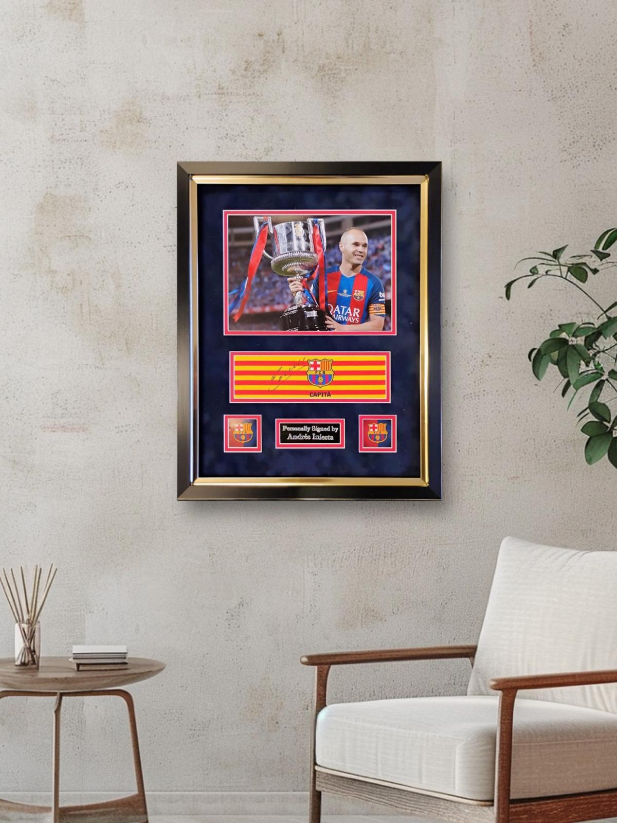Andrés Iniesta hand signed Captains armband in deluxe custom frame