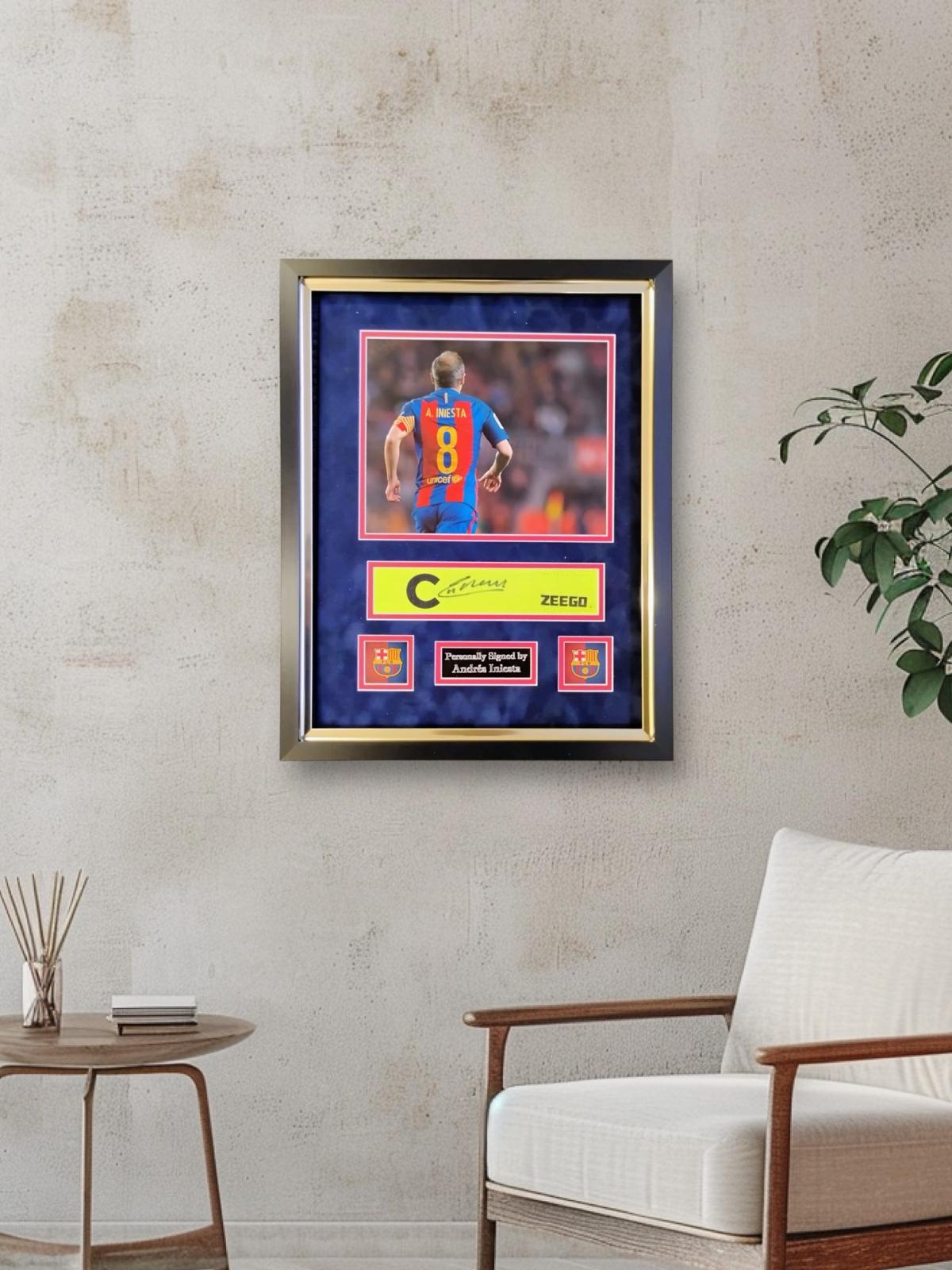 Andrés Iniesta hand signed Captains armband in deluxe custom frame