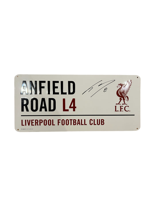 Dominik Szabozlai signed Anfield Road sign