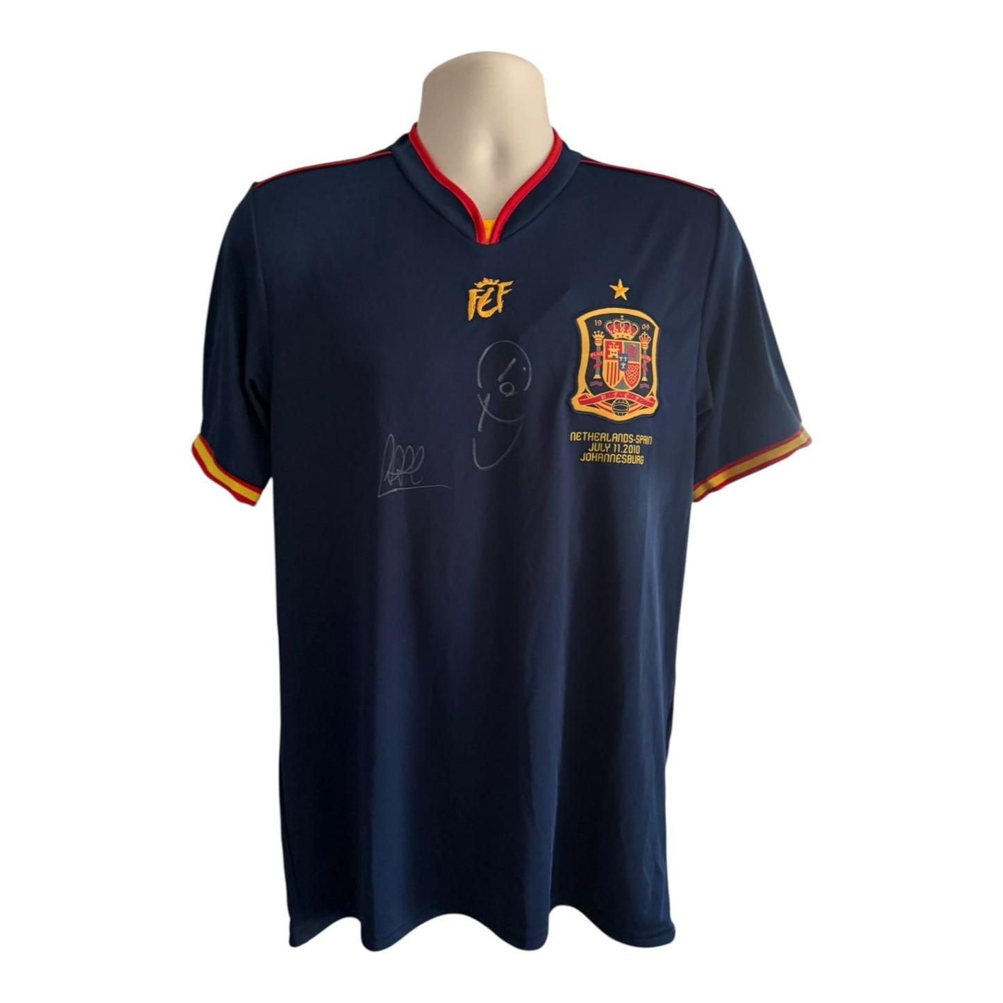 Xavi and Fabregas hand signed Spain 2010 final shirt